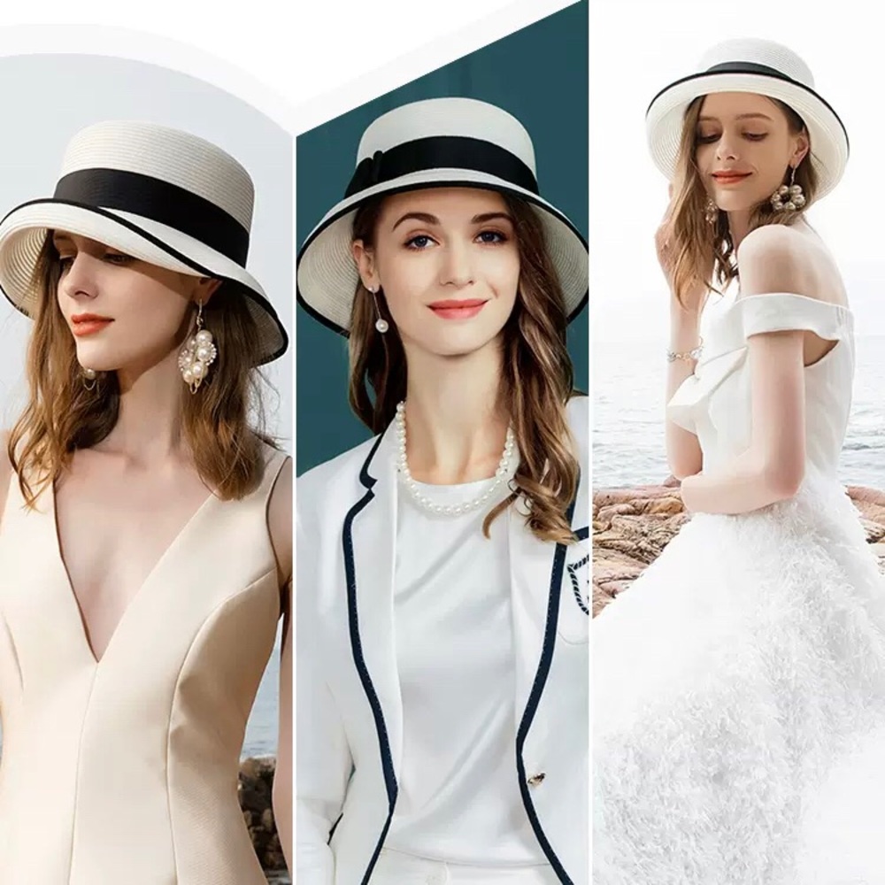 NWT Chic Cream Black Boater Hat Black Trim